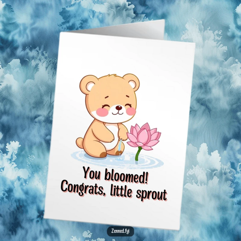 Funny Free Printable Congratulations Card: A small, giggling bear cub carefully waters a tiny, blooming lotus flower.