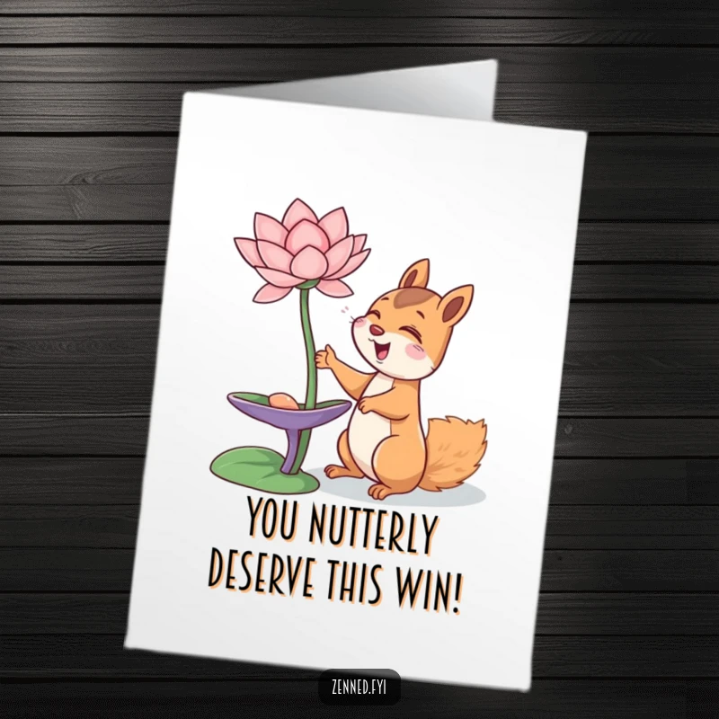 Funny Free Printable Congratulations Card with a giggling squirrel reaching towards a lotus, celebrating blossoming achievements.
