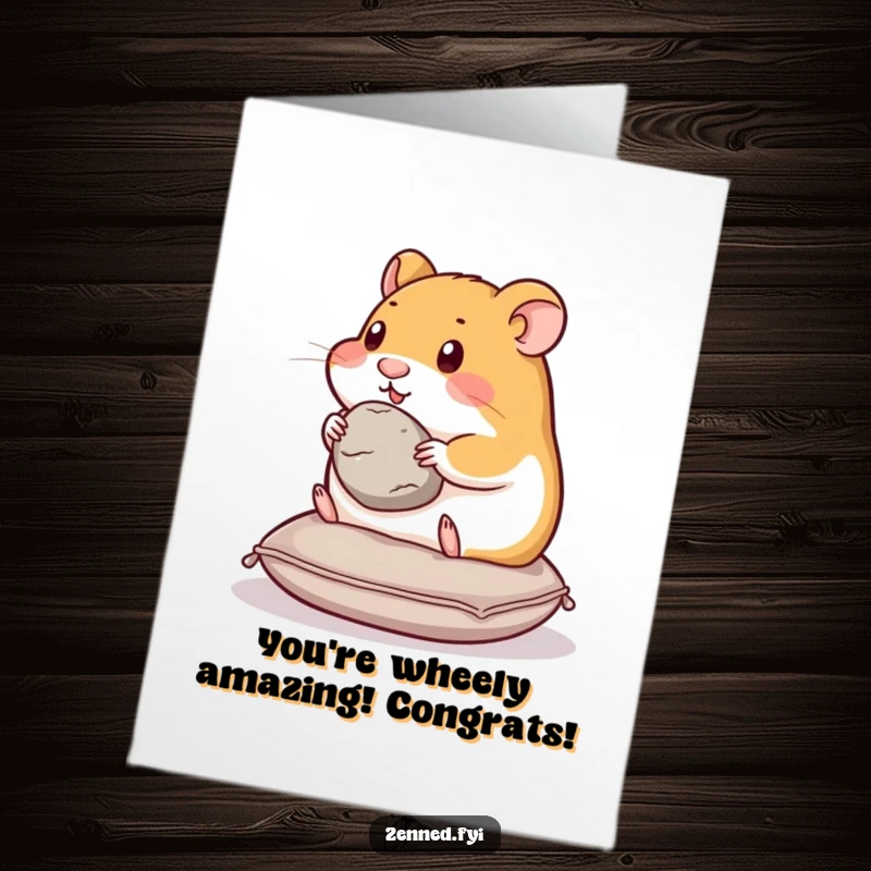 Funny Free Printable Congratulations Card: A content hamster on a cushion, holding a stone, symbolizing quiet success.