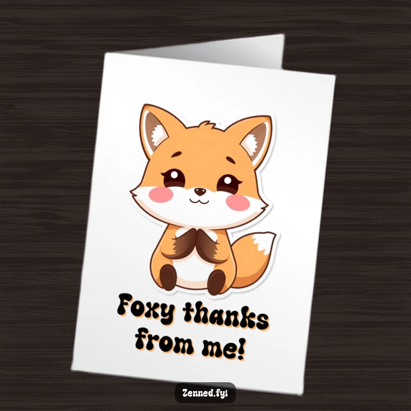 Funny Free Printable Kawaii Fox Thank You Card: Smiling fox with folded hands, a peaceful and downloadable expression of thanks.