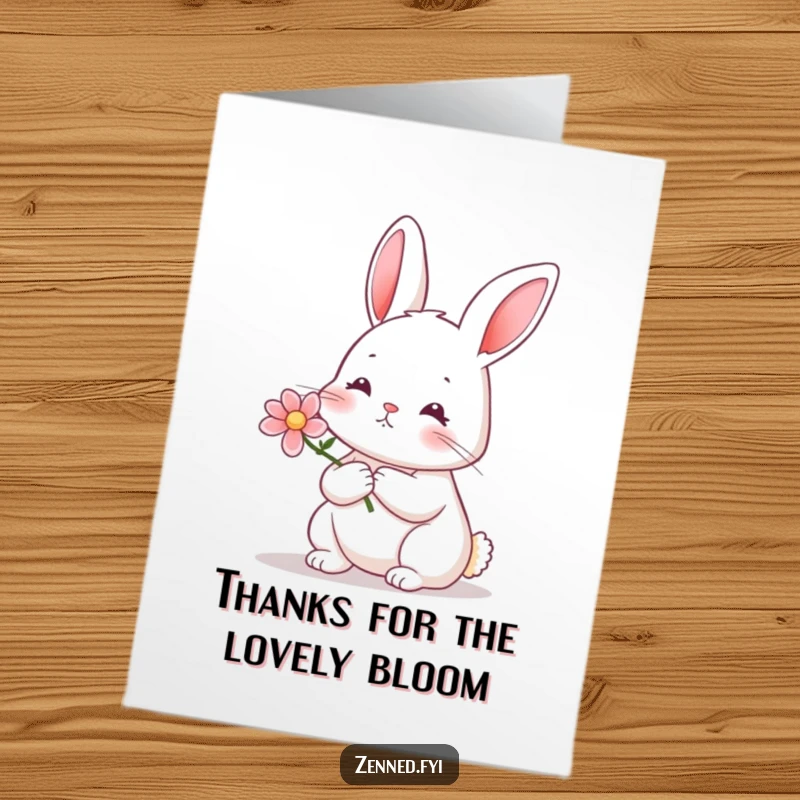 Funny Free Printable Thank You Card: A peaceful rabbit holds a delicate blooming flower, conveying thanks with serene charm.