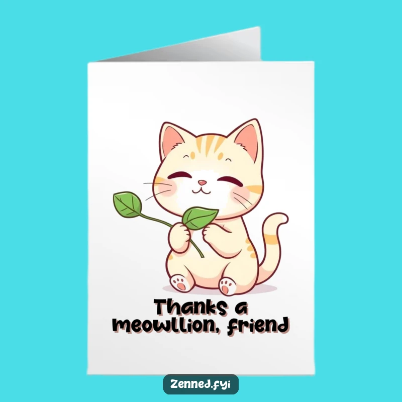 Free Printable Kawaii Cat Thank You Card: Adorable Cat and Leaf for Expressing Gratitude