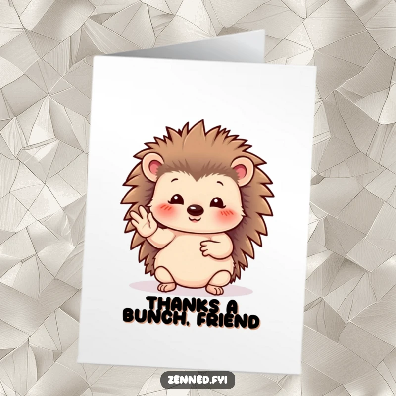 Funny Free Printable Thank You Card: Hedgehog making a fancy hand gesture expressing sincere thanks.