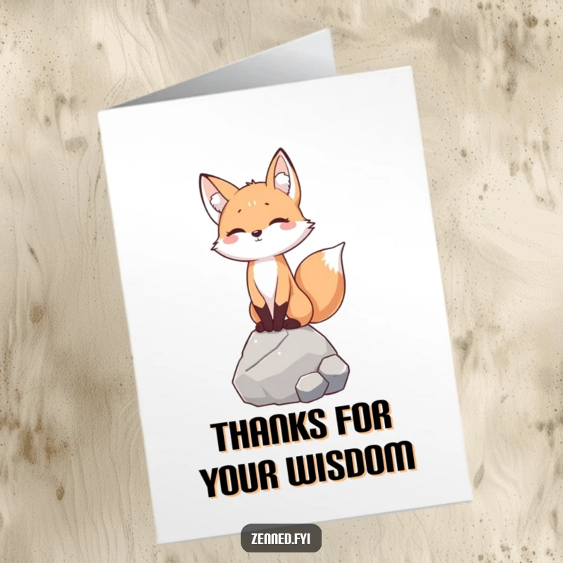 Free Printable Thank You Card: Fox character in a calm, balanced pose on a rock, conveying thanks gracefully.