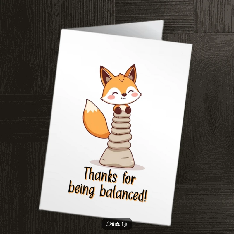 Funny Free Printable Thank You Card: Cheerful fox character balances a tiny stack of stone cairns with practiced ease, expressing thanks.