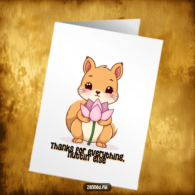 Funny Free Printable Thank You Card: A kawaii squirrel gently holds a still lotus flower, offering thanks.