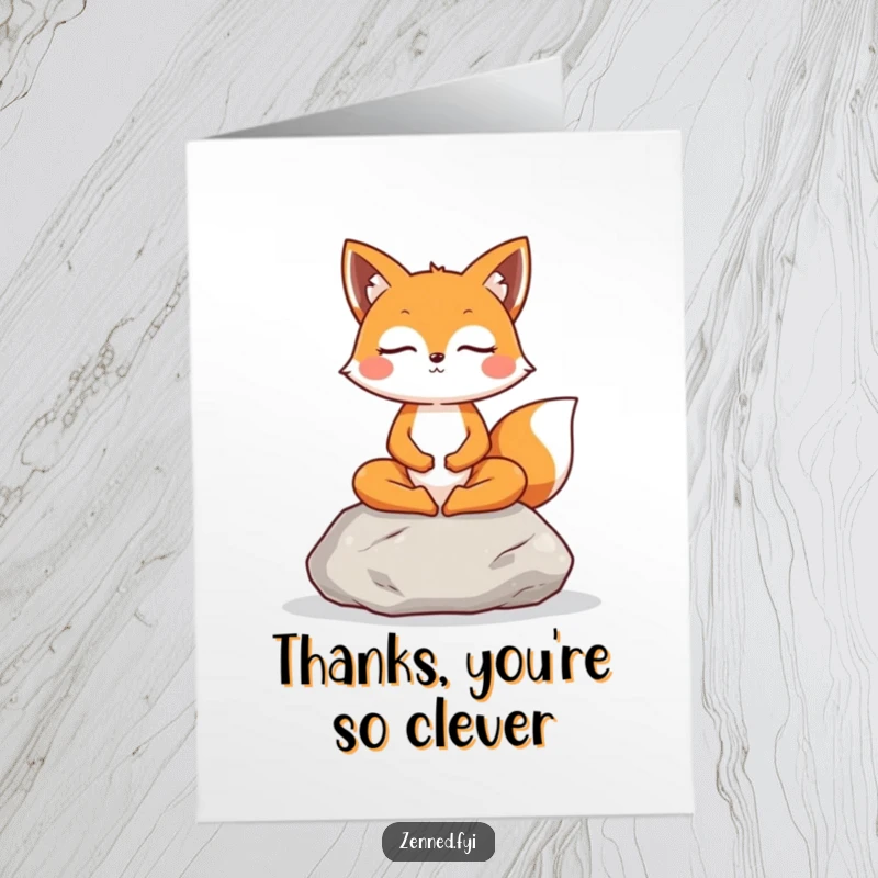 Funny Free Printable Thank You Card: A cheerful fox finds inner peace while meditating on a stone.