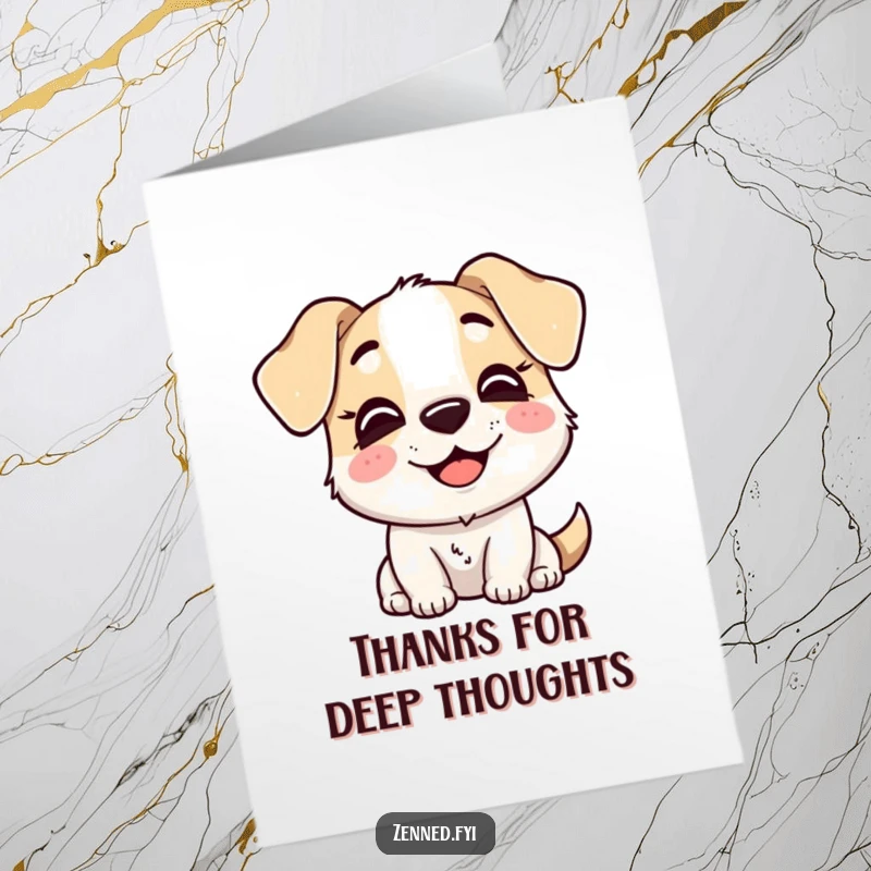 Free Printable Thank You Card: Delighted dog character smiling serenely, in deep thought, expressing thanks.
