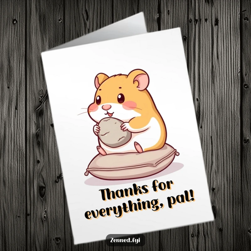 Funny Free Printable Thank You Card: Content hamster on a cushion, holding a stone, expressing peaceful gratitude.
