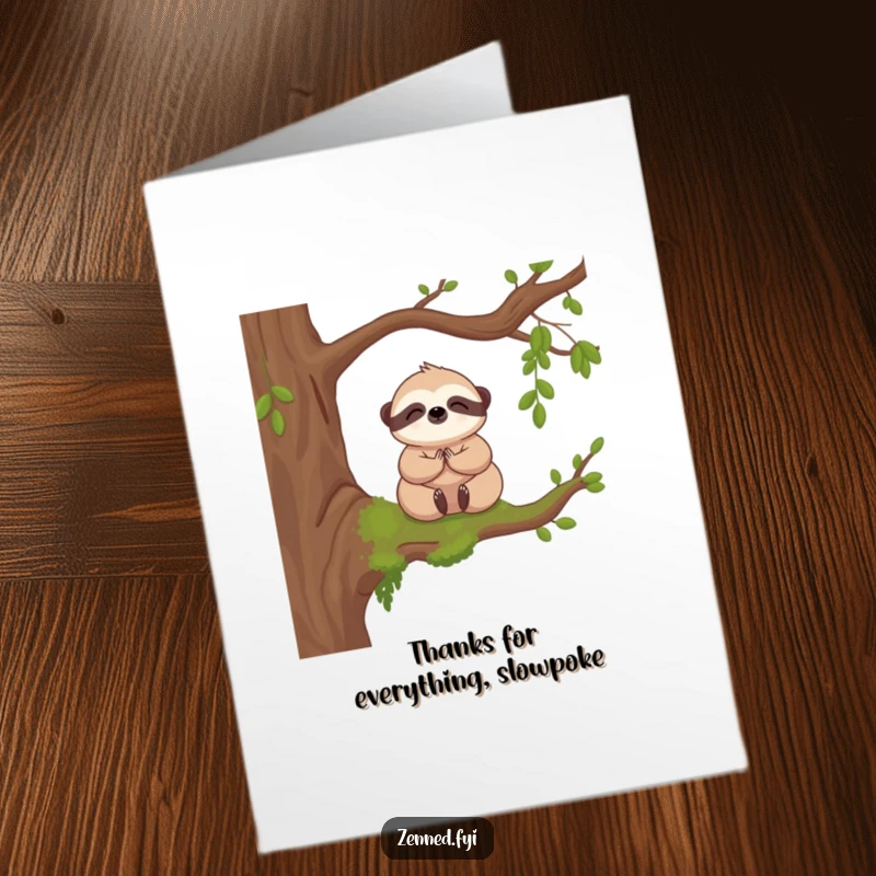 Funny Free Printable Thank You Card: A kawaii sloth meditating on a mossy branch, sending peaceful thanks with a gentle expression.