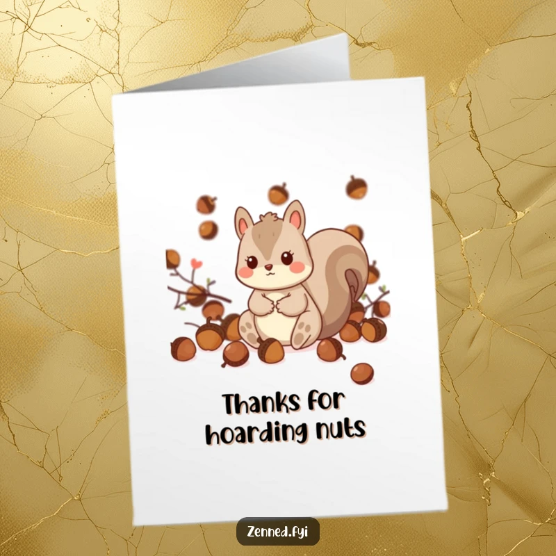 Funny Free Printable Kawaii Squirrel Thank You Card, surrounded by acorns, offering thanks with a smile.