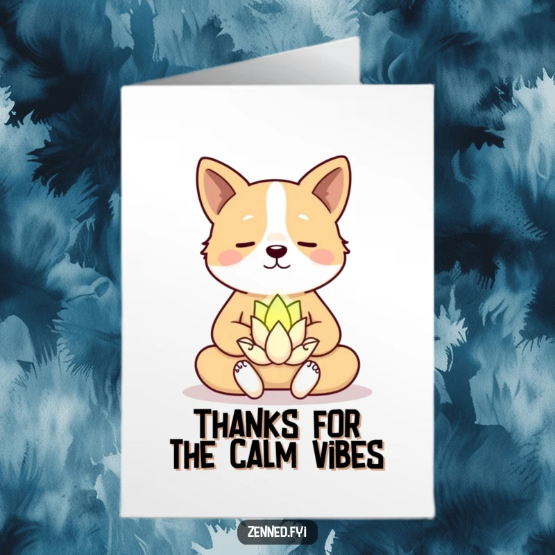 Funny Free Printable Thank You Card featuring a serene dog in meditation, next to a smiling lotus bloom.