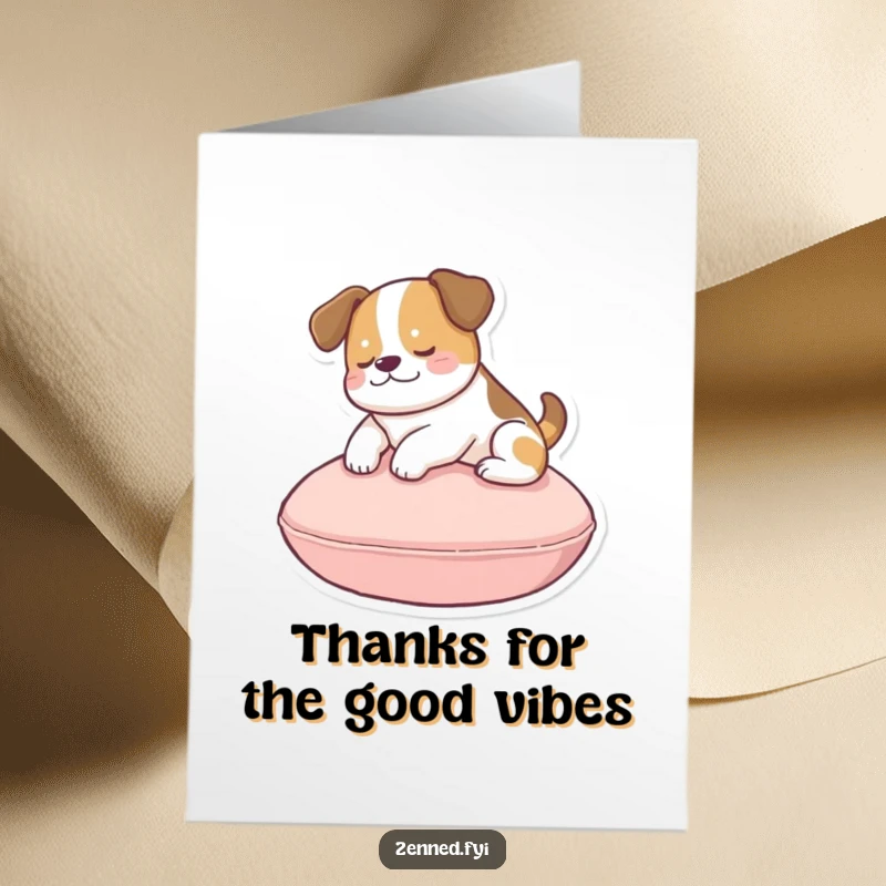Funny Free Printable Thank You Card: A joyous dog floats above a cushion, conveying thanks with an uplifting and humorous presence.