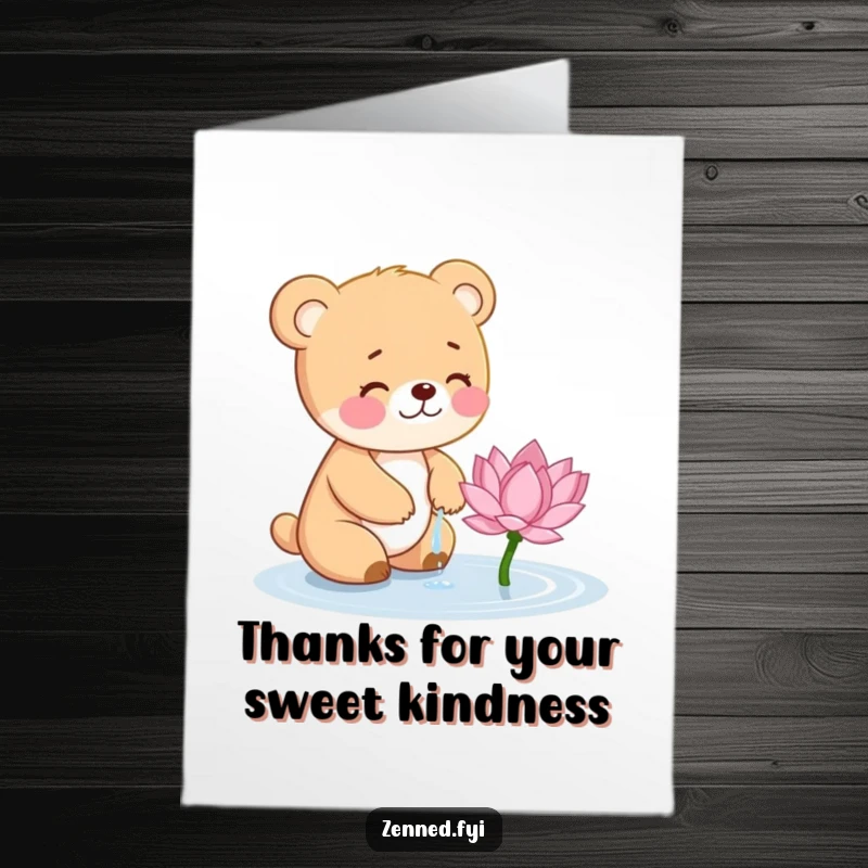 Funny Free Printable Thank You Card: A small, giggling bear cub carefully waters a delicate, blooming lotus flower, a symbol of thanks.