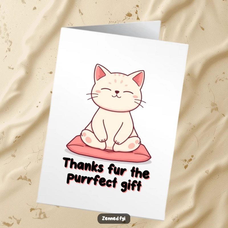 Funny Free Printable Cat Thank You Card: Zen kitty in lotus pose, offering thanks with a peaceful smile, downloadable gift.