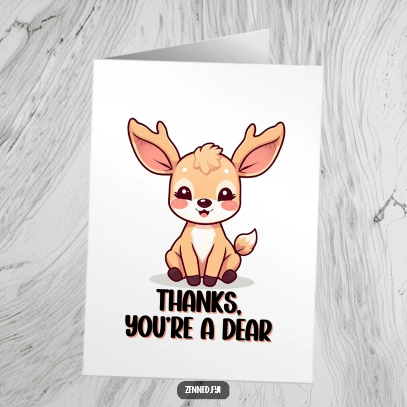 Funny Free Printable Kawaii Deer Thank You Card, surrounded by light rays, conveying warm thanks.