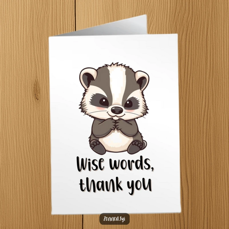 Funny Free Printable Thank You Card: Wise badger pondering gratefully, a unique and thoughtful downloadable note of appreciation.