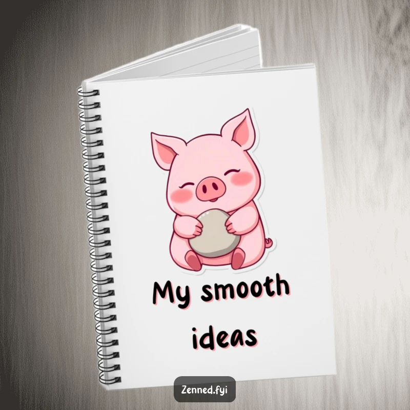 Funny pink pig notebook, calm demeanor, cradling a pebble, ideal for writing, a peaceful and funny gift.