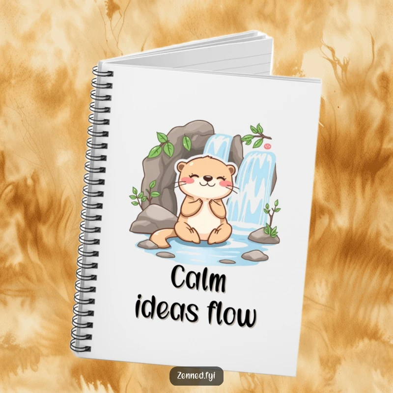 Funny otter notebook featuring a playful character meditating happily beside a miniature flowing waterfall, ideal for peaceful journaling.