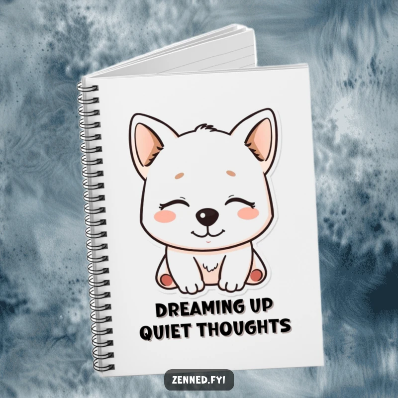 Funny Kawaii Dog Notebook adorned with a serene, smiling character, ideal for jotting down peaceful thoughts.