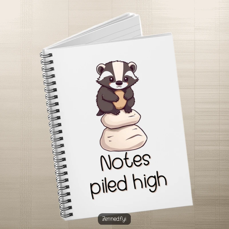 Funny badger balancing on smooth pebbles, adorning a notebook cover, perfect for funny gift ideas.