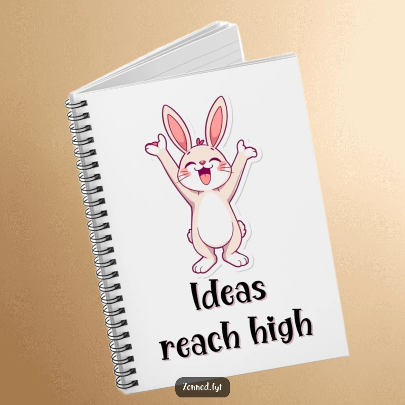 Funny Notebook with a jubilant bunny character stretching towards the sky, radiating hilarious joy for journaling.