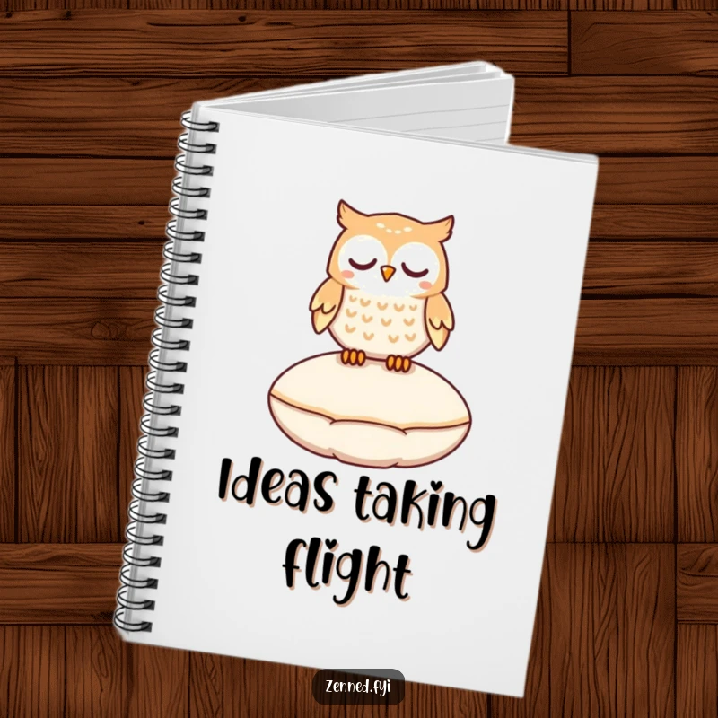 Funny owl character floating peacefully above a cushion on a notebook cover, ideal for magical journaling.