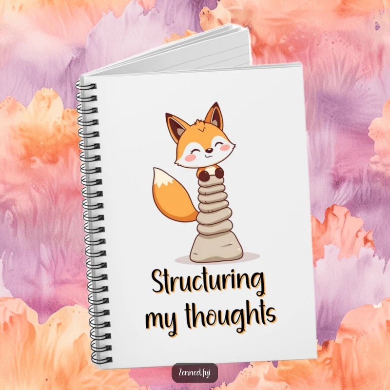 Funny fox character balancing stone cairns on a notebook cover, ideal for journaling mindful thoughts and focus.