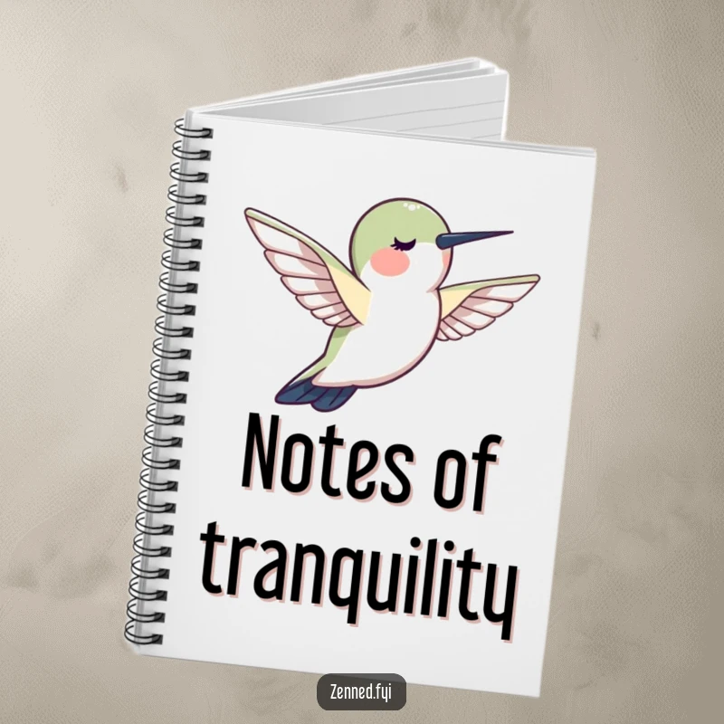 Funny hummingbird calm notebook, creature hovering motionlessly, radiating peace, ideal for jotting down tranquil thoughts.