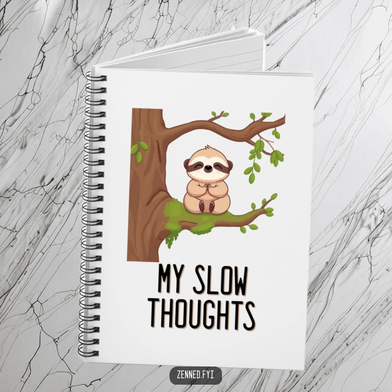 Funny notebook with a kawaii sloth meditating on a mossy branch, ideal for journaling, sketching, and note-taking.