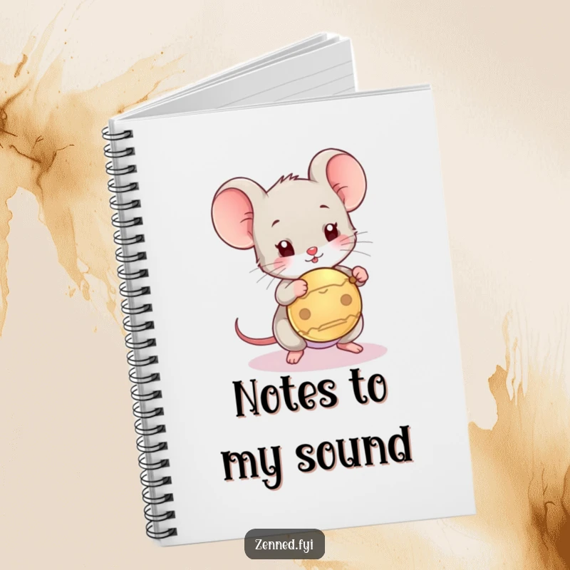 Funny notebook with a playful mouse character tapping a gong, perfect for capturing thoughts with a humorous flair.
