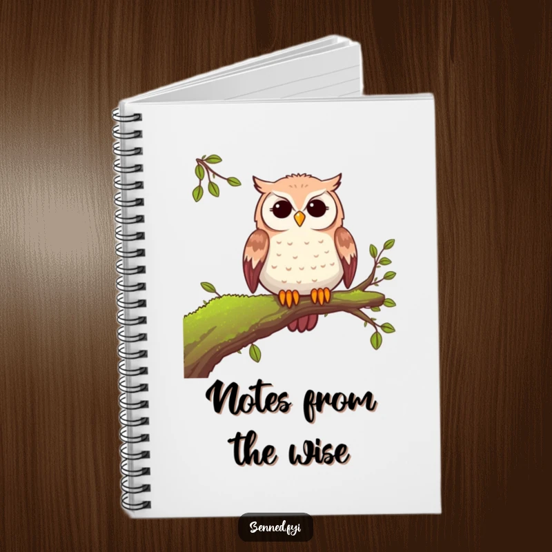 Funny peaceful owl notebook featuring a serene owl on a mossy branch, perfect for writing and drawing with a calm, humorous touch.