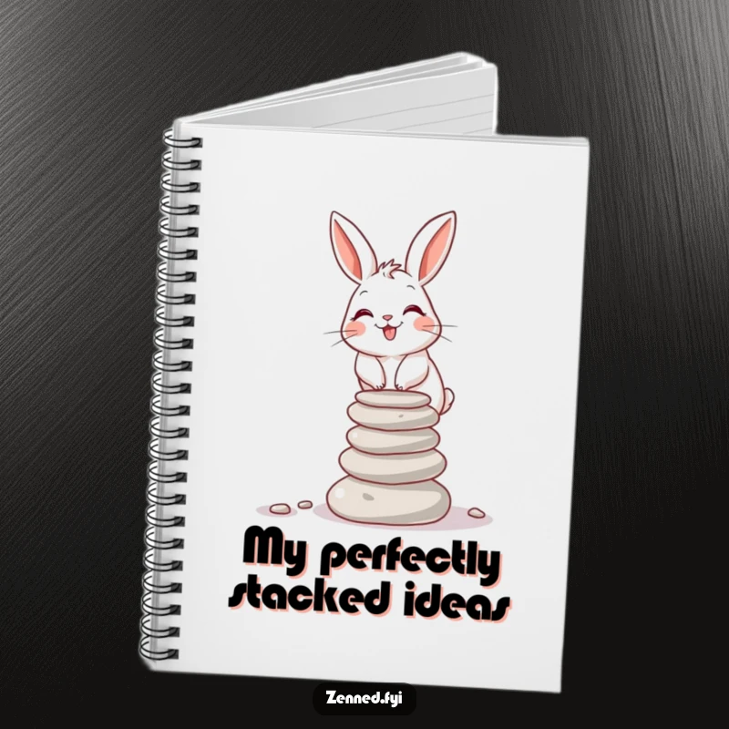 Funny giggling rabbit balancing stones on a notebook cover, great for journaling, a funny gift.