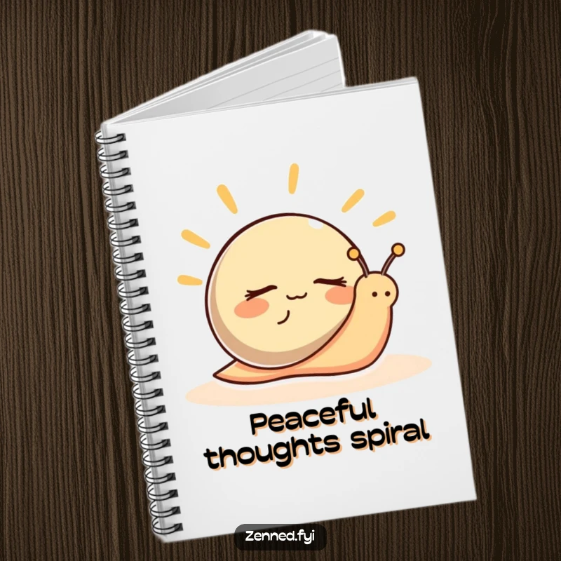 Funny Notebook with a peaceful snail character with closed eyes, radiating hilarious calm for journaling.