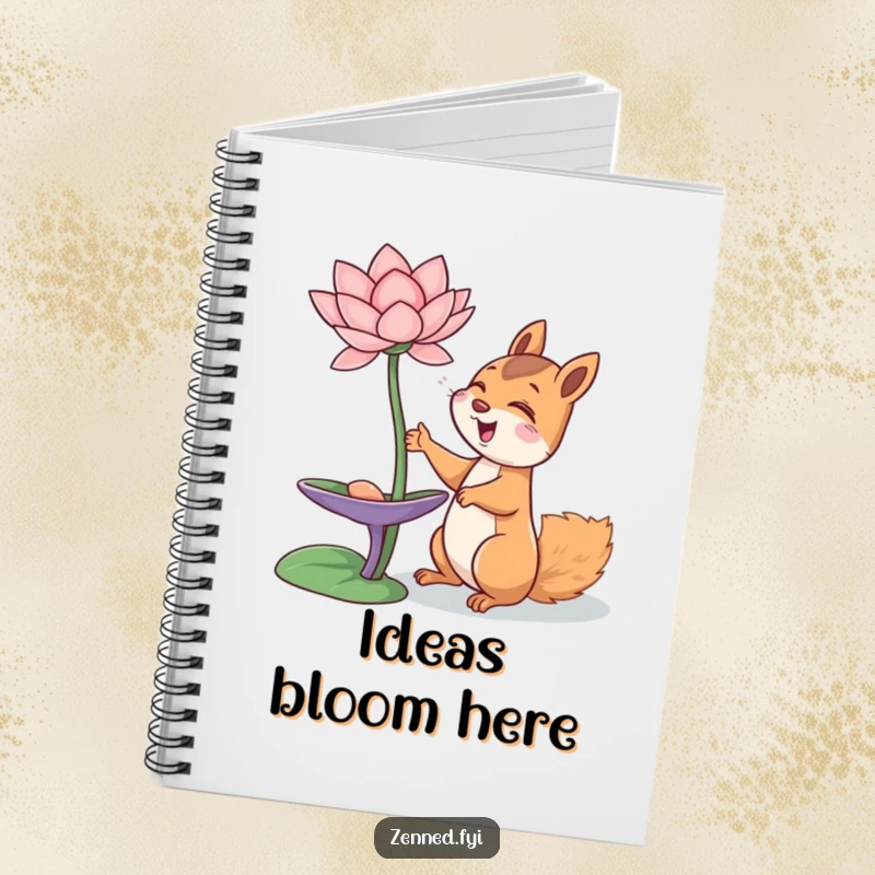 Funny giggling squirrel reaching for a floating lotus flower, adorning a notebook cover, perfect funny gift.