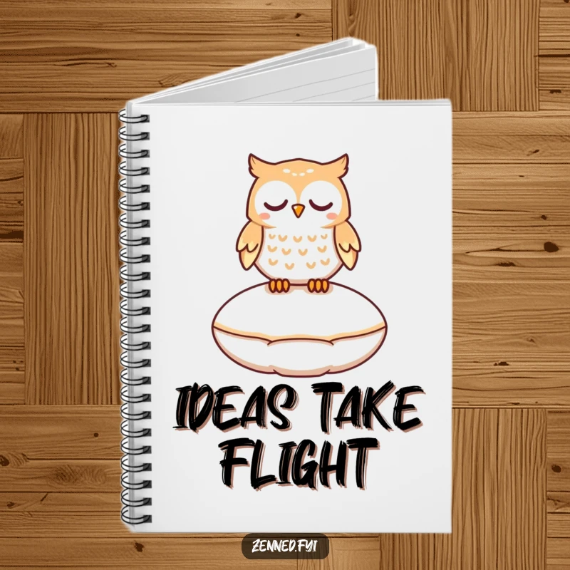 Funny notebook with a peaceful owl character gently floating a few inches above a smooth, round cushion.