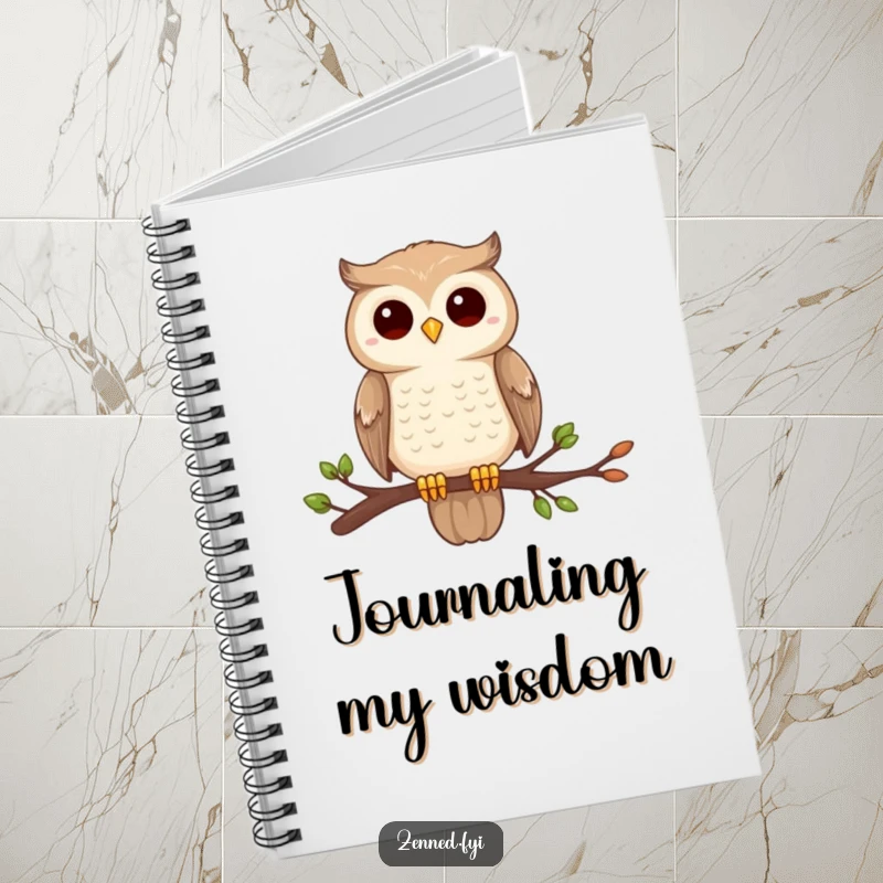 Funny owl zen notebook, perched on a branch, completely still and centered, ideal for jotting down wise thoughts.