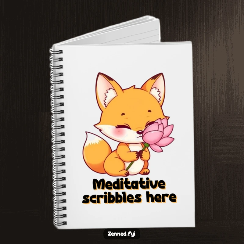 Funny orange fox notebook, calm gaze, holding a lotus, ideal for writing, a peaceful and funny gift.
