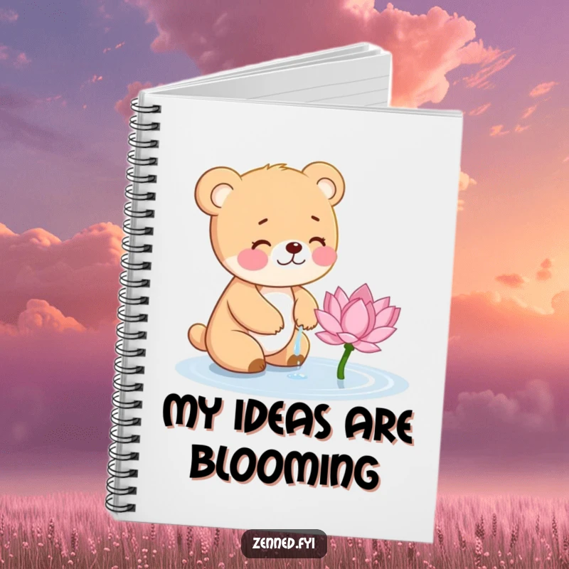 Funny Bear Cub Notebook: Cover features a giggling cub watering a tiny lotus, inspiring notes about nature and joy.