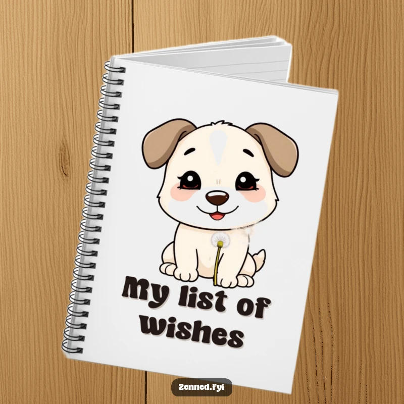 Funny Notebook: A smiling dog blowing on a dandelion puff, perfect for jotting down notes with hopeful charm and humor.