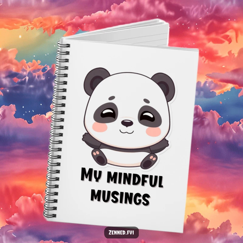 Funny notebook cover depicting a playful panda taking deep breaths with a gentle smile, ideal for journaling.