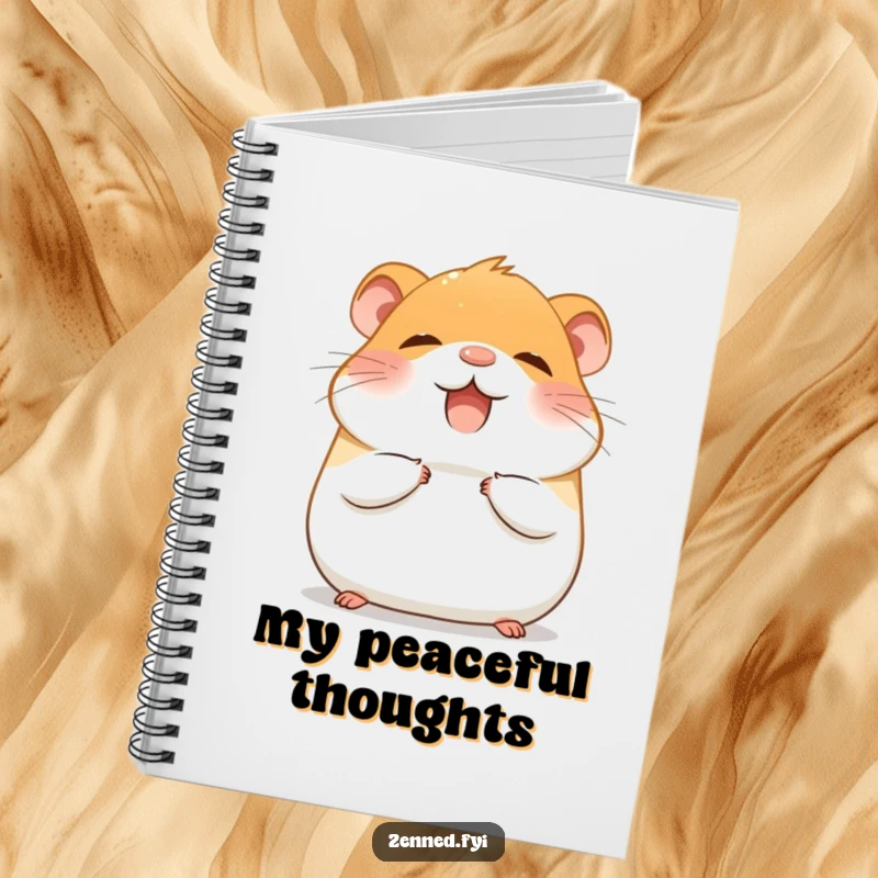 Funny Notebook with a giggling hamster finding inner peace, meditating with a tranquil expression.