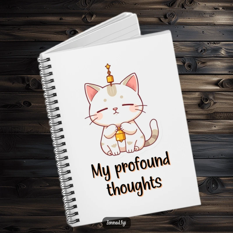 Funny cat notebook featuring a serene character completely still, dangling a small bell above its head, ideal for quiet journaling.