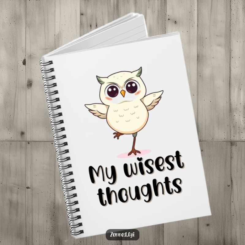 Funny kawaii owl notebook, featuring a cute owl balancing on one leg, ideal for jotting down funny observations and wise insights.