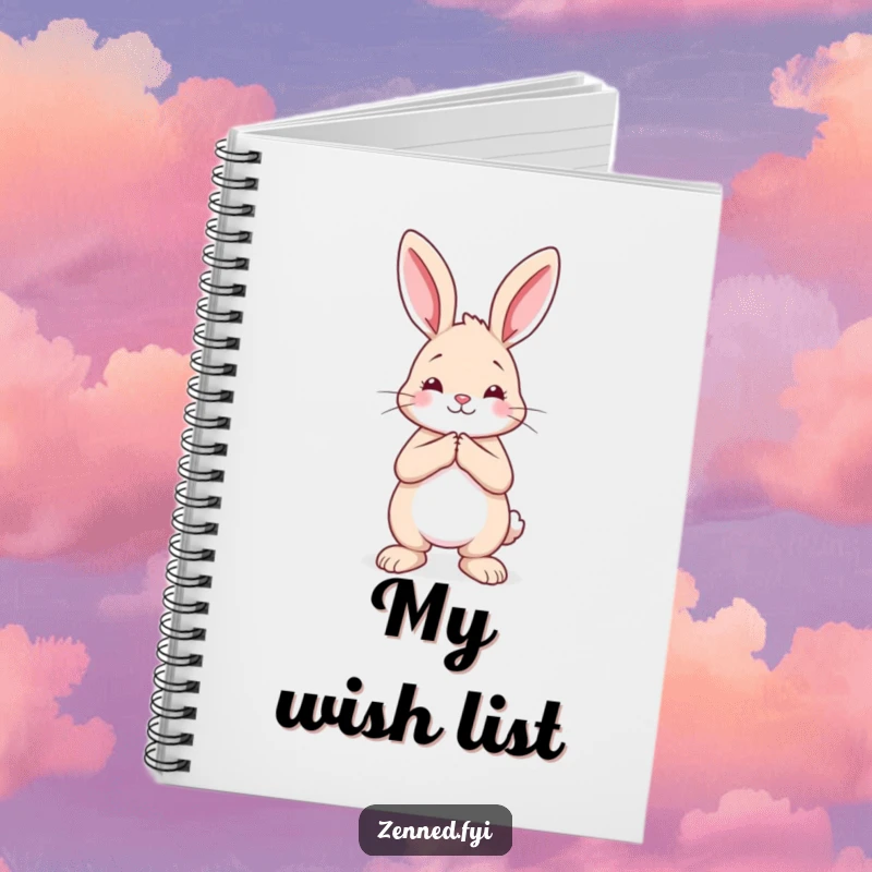 Funny rabbit notebook showing a calm creature with hands pressed together, perfect for journaling and peaceful note-taking.