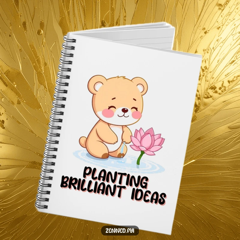 Funny Bear Cub Notebook: Giggling cub waters a lotus flower on the cover, ideal for humorous and gentle note-taking.