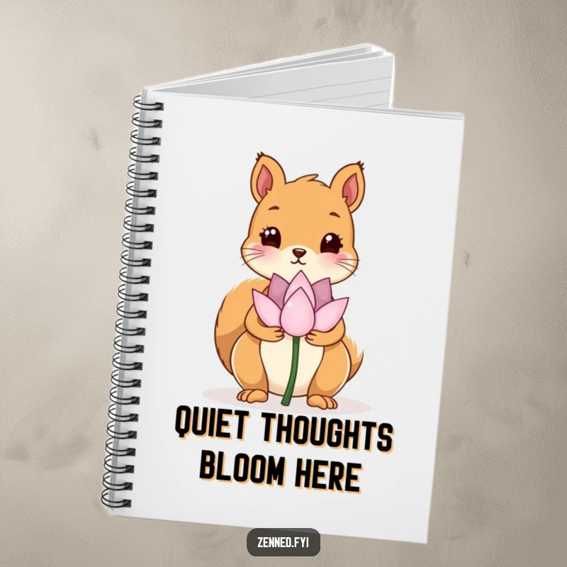 Funny notebook with a kawaii squirrel holding a serene lotus flower, ideal for jotting down peaceful thoughts humorously.