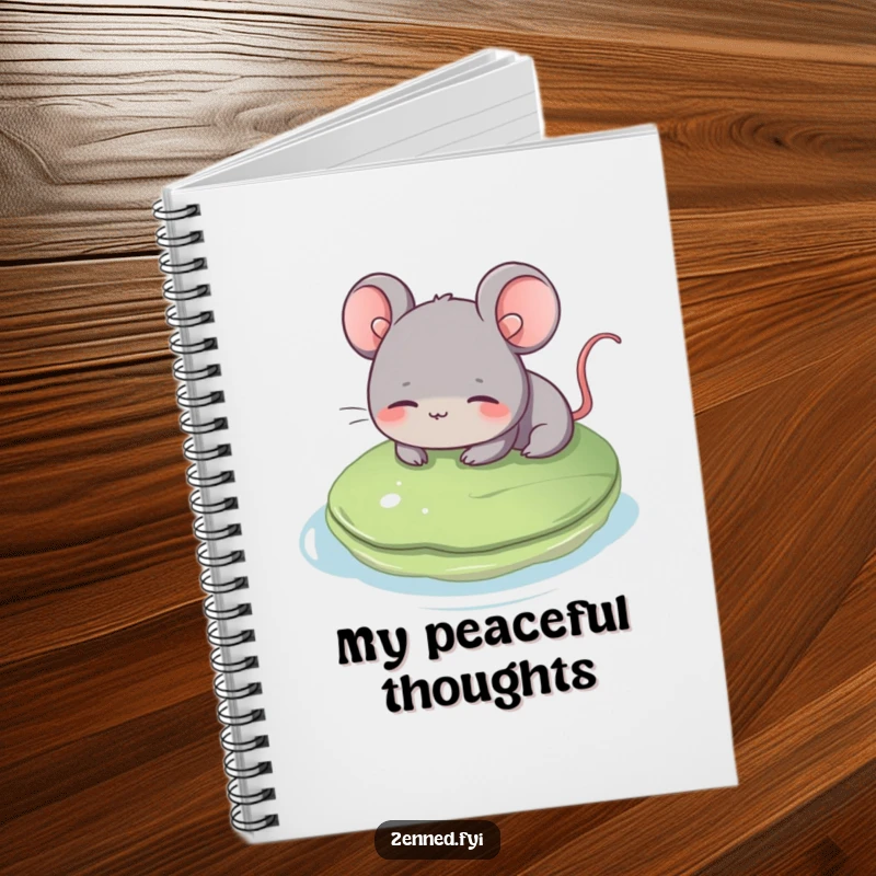Funny grey mouse notebook, gentle smile, floating on a lily pad, ideal for writing, a peaceful and funny gift.