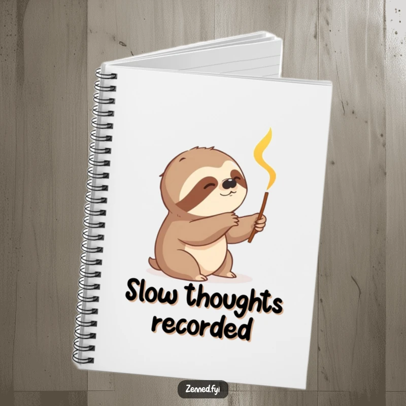 Funny sloth slowly reaching for a glowing incense stick on a notebook cover, a humorous design for slow thinkers, perfect for a funny gift.