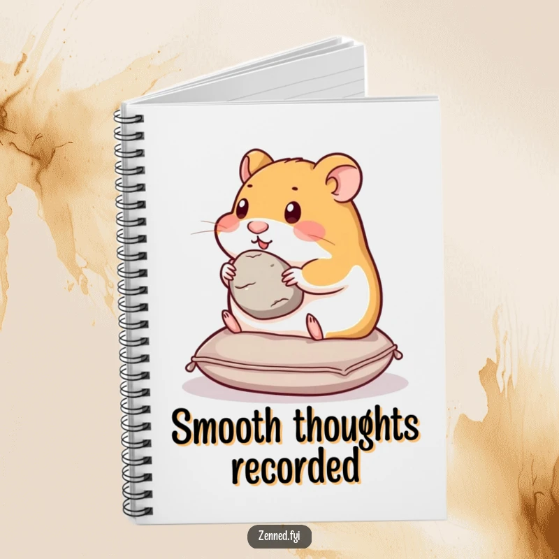 Funny hamster notebook with a content hamster on a cushion, holding a smooth stone, perfect for journaling peaceful thoughts.